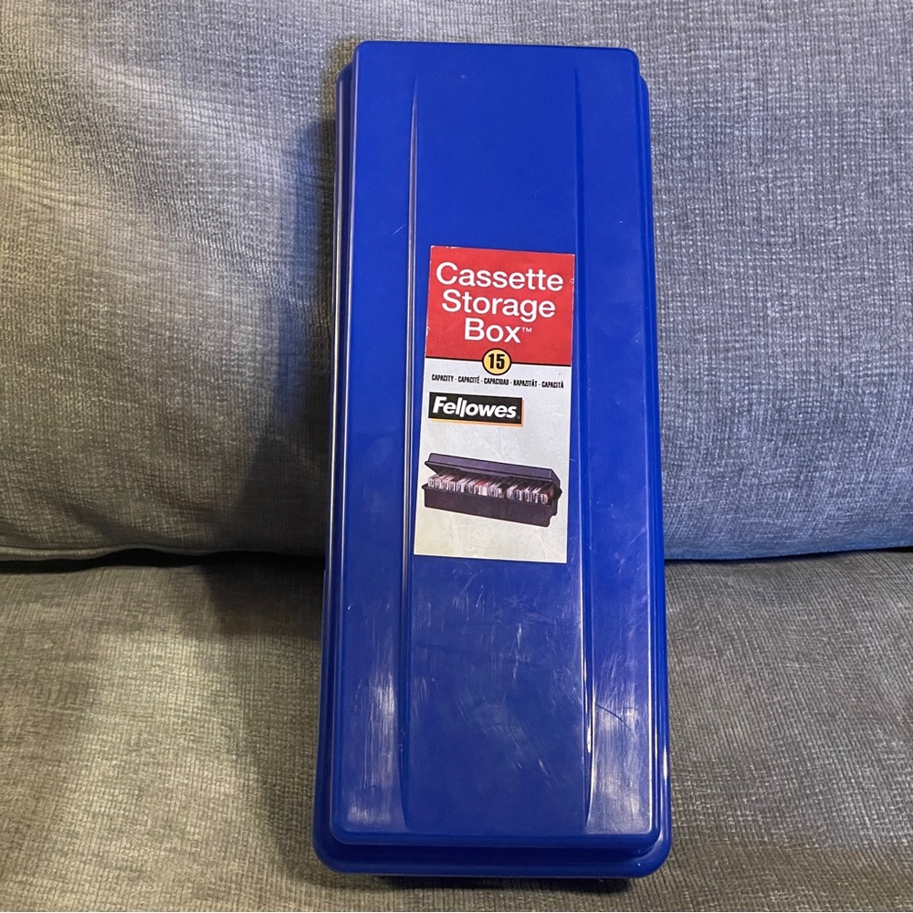 Fellowes 15 Audio Cassette Tape Storage Box Organizer Plastic Blue Vtg 80s 90s